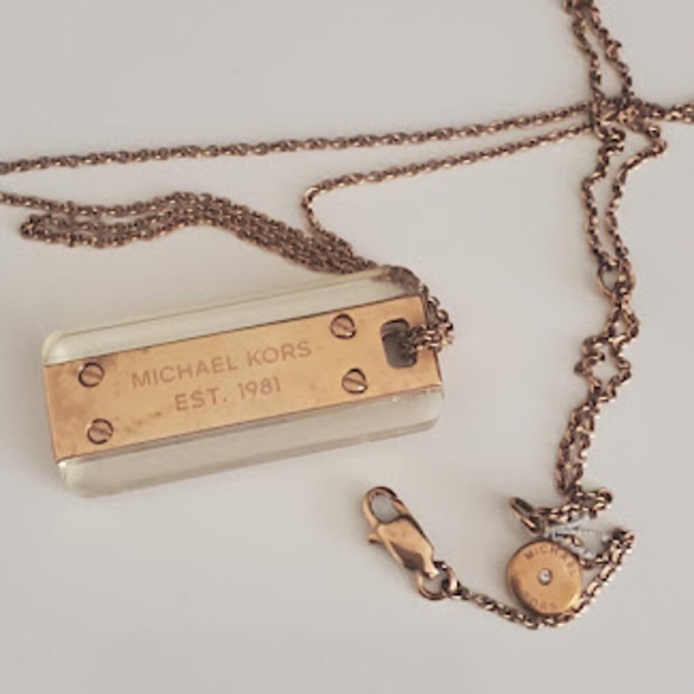 Michael Kors Rose Gold Tone Lucite Logo Dog Tag Pendant Necklace MKJ3481